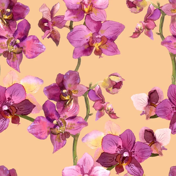 Nahtloser beige blumiger Hintergrund mit Orchideen — Stockfoto