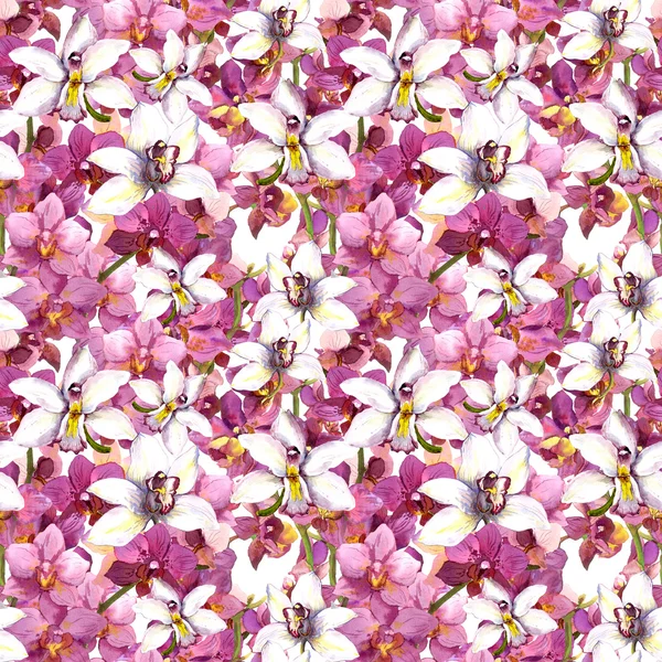 Blumenmuster - lila und weiße Orchideenblüten. nahtloser Swatch. Aquarell. — Stockfoto