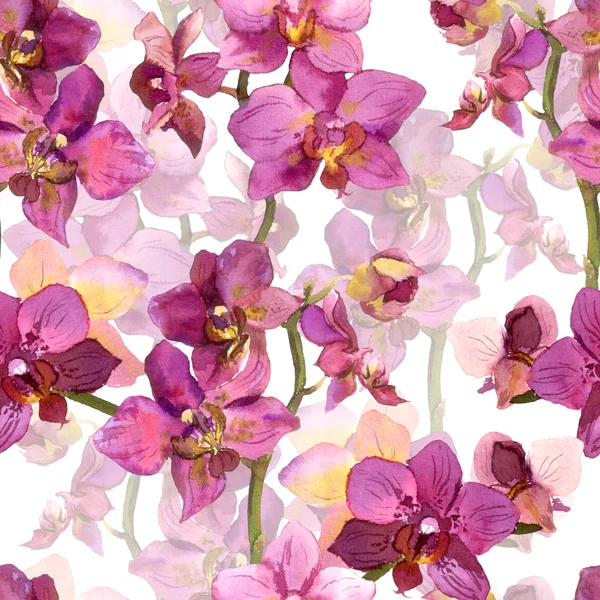 Floral seamless background with watercolor painted purple orchid flowers — ストック写真