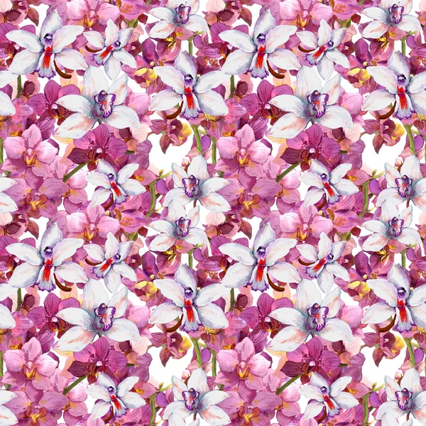 Bright floral pattern - colorful orchid flowers. Seamless template. Aquarelle background. — Zdjęcie stockowe