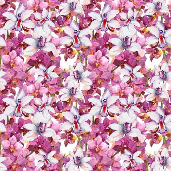 Bright floral pattern - colorful orchid flowers. Seamless template. Aquarelle background.