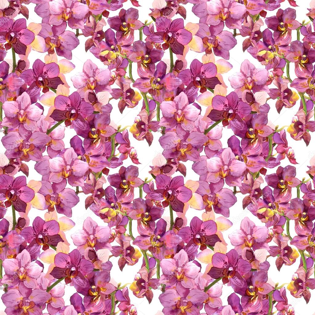 Floral pattern - blooming purple orchid flowers. Seamless background. Watercolor.