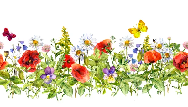 Vintage floral horizontal border. Watercolor meadow flowers, grass, herbs. Seamless frame