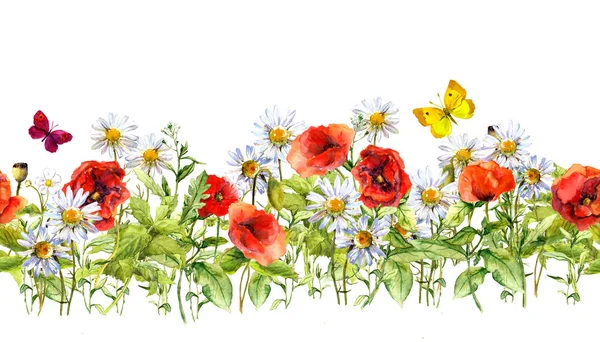 Floral horizontal border. Watercolor meadow flowers, grass, herbs. Seamless frame