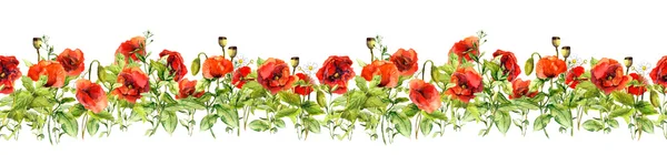 Floral border. Watercolor meadow flowers, grass, herbs. Seamless horizontal frame — Zdjęcie stockowe