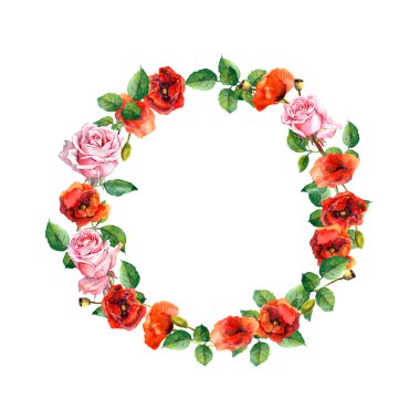 Floral wreath with summer flowers - rose and poppy. Water color circle frame