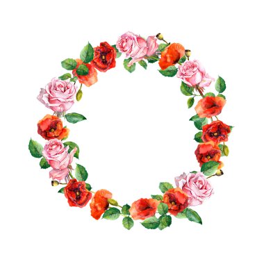 Rose and poppy flowers. Floral wreath. Water color circle border