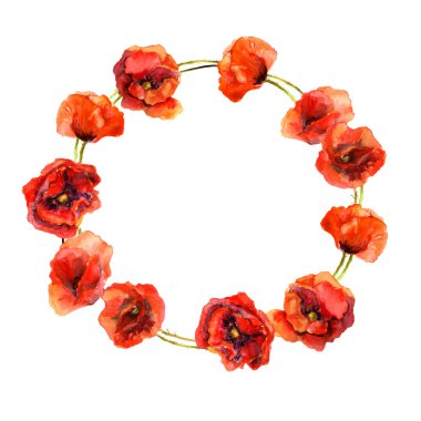 Vintage floral circle garland with colorful red poppy flowers. Watercolor painted retro design
