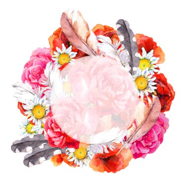 Floral beautiful wreath with bright flowers poppies, camomile, rose and feathers for greeting card. Watercolor illustration