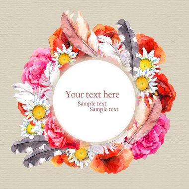 Floral vintage chic wreath with vivid flowers  and feathers for retro card. Watercolor art on paper texture