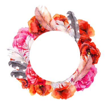 Floral hippy wreath with summer flowers poppies, rose and feathers. Watercolor