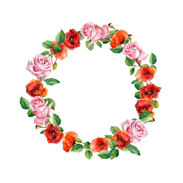 Rose and poppy flowers. Floral wreath. Water color circle border — Zdjęcie stockowe