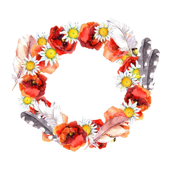 Floral beautiful round wreath with vibrant flowers poppies, camomile and feathers for elegant postcard. Watercolor art — Stok fotoğraf