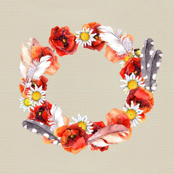 Floral pretty circle wreath with vibrant flowers and feathers for retro card. Watercolor vintage art on paper background — 图库照片