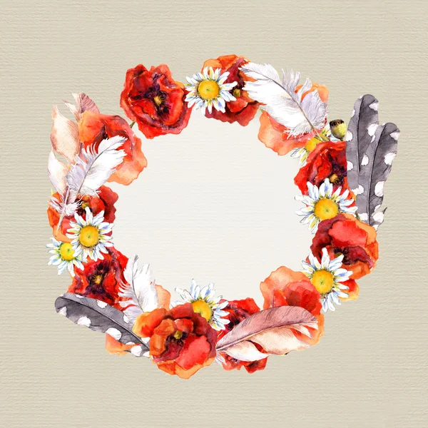 Floral romantic wreath with meadow flowers and feathers for pretty greeting card — Stok fotoğraf
