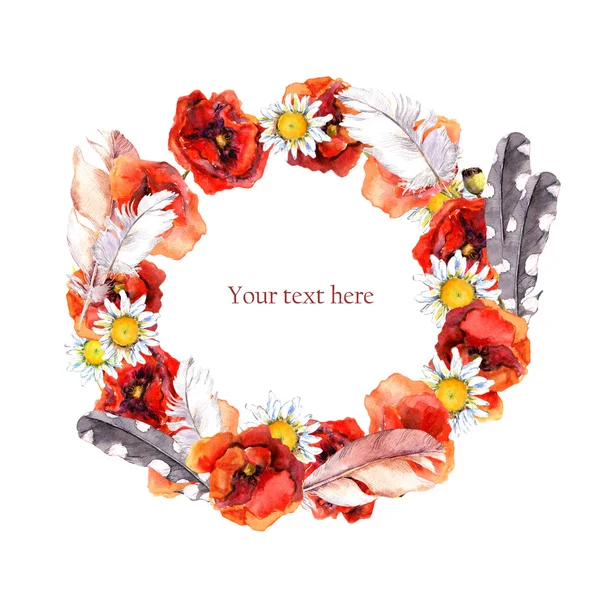 Floral pretty wreath with meadow flowers poppies, camomile and feathers for elegant card. Watercolor illustration — ストック写真