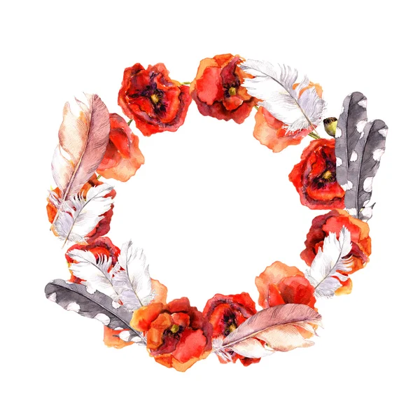 Floral retro wreath with summer flowers poppies and feathers for vintage card. Watercolor painting — Zdjęcie stockowe