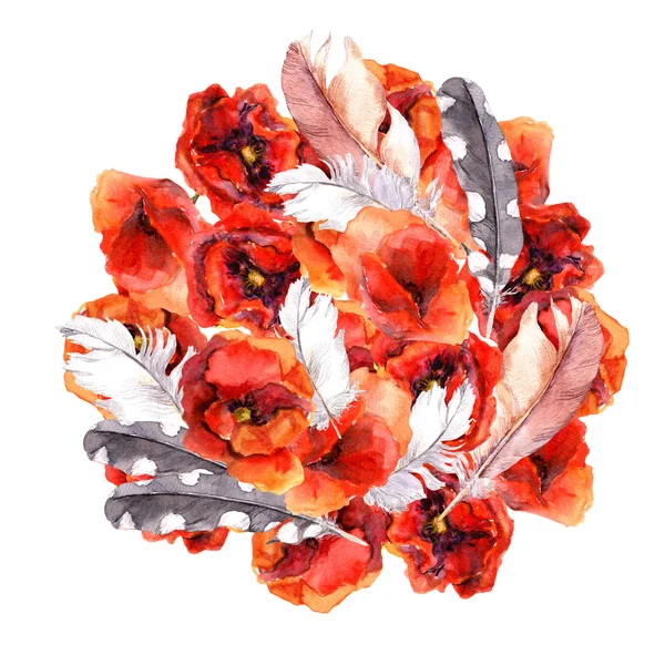 Floral round composition with bright flowers red poppies and feathers. Watercolor art — ストック写真