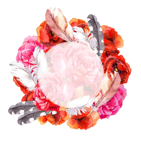 Floral boho chic wreath with colorful flowers poppies, roses and feathers for postcard. Watercolor painting — Stok fotoğraf