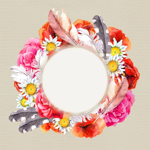 Floral boho style round wreath with colorful flowers and feathers for summer card. Watercolor painting on paper background — ストック写真