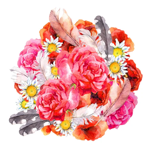 Floral hippy wreath with summer flowers poppies, rose and feathers. Watercolor