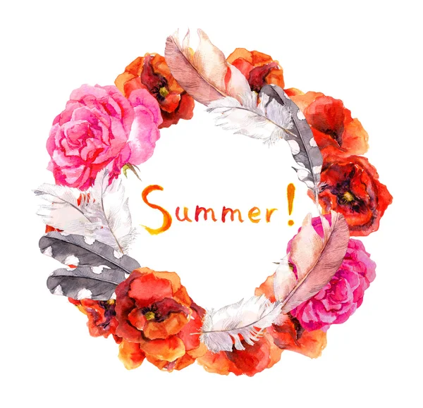 Floral hippy wreath with summer flowers poppies, rose and feathers. Watercolor — 图库照片