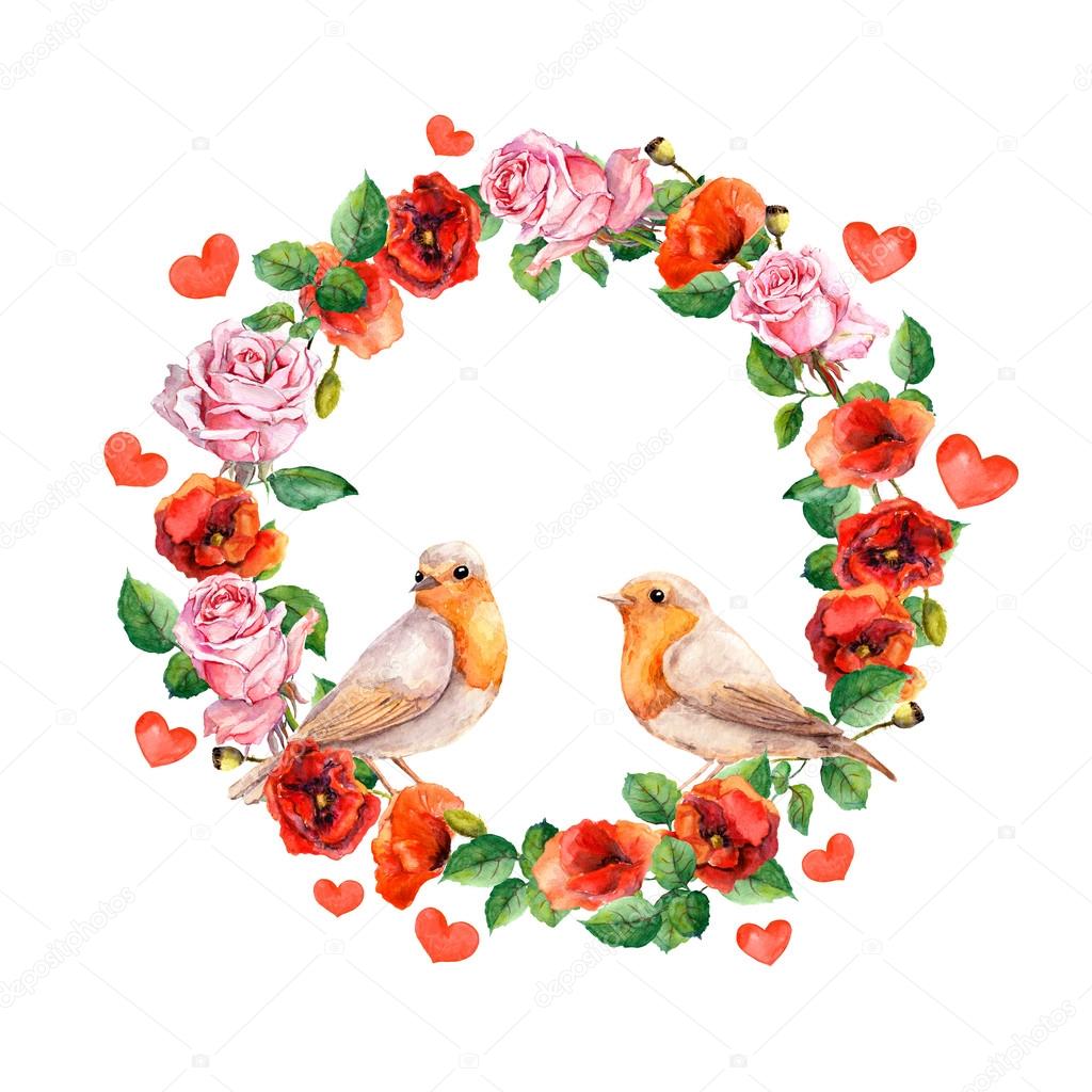 Two birds, rose and poppy flowers. Floral wreath with hearts for Valentine day. Watercolor