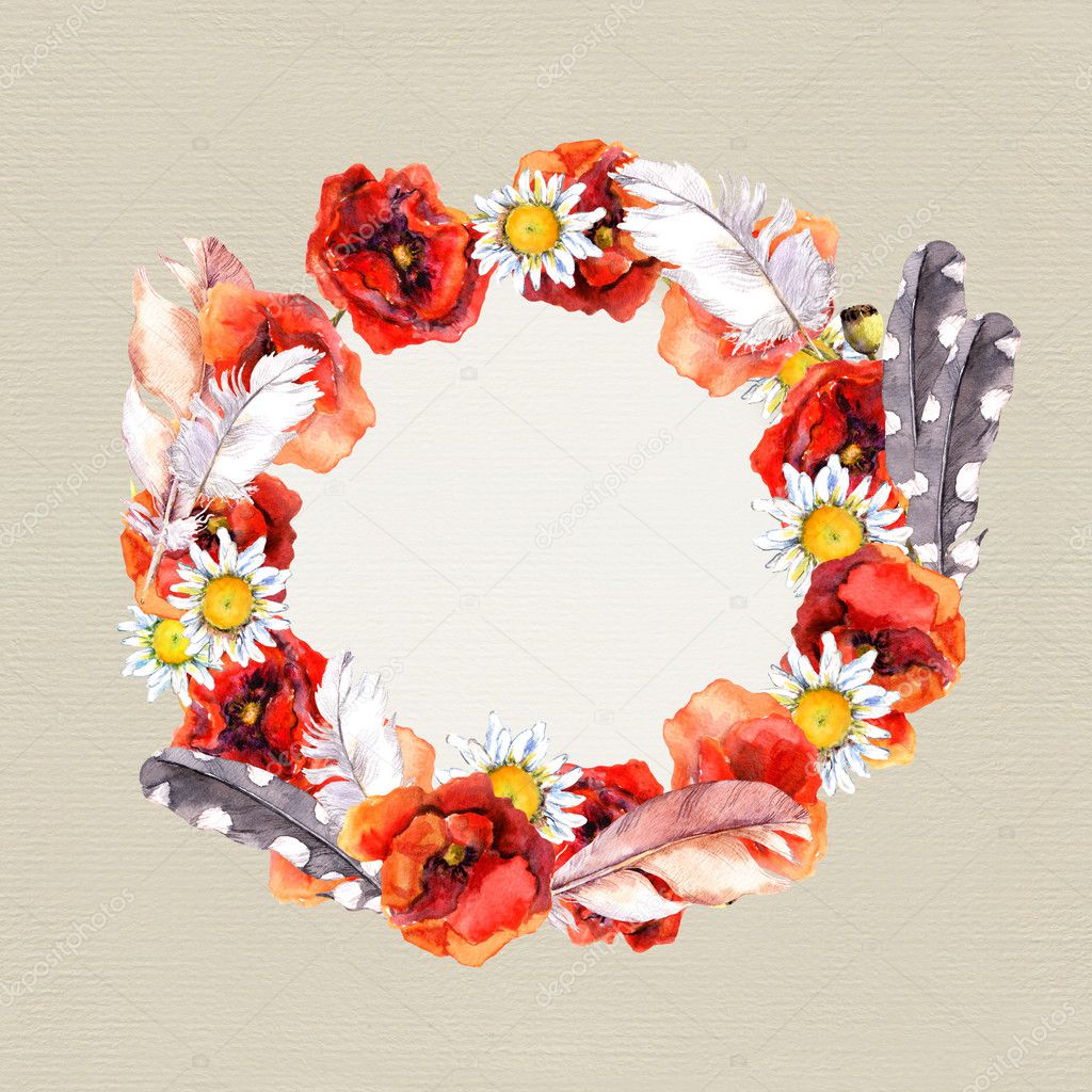 Floral romantic wreath with meadow flowers and feathers for pretty greeting card