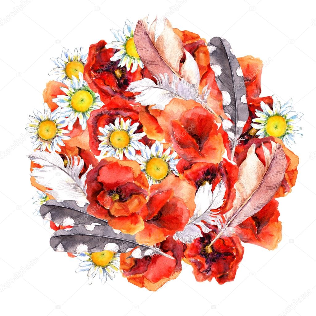 Floral circle composition with summer flowers poppies, camomile and feathers for pretty postcard. Watercolor art