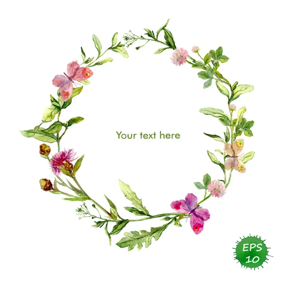 Wreath frame with meadow flowers and butterflies. Watercolor vector