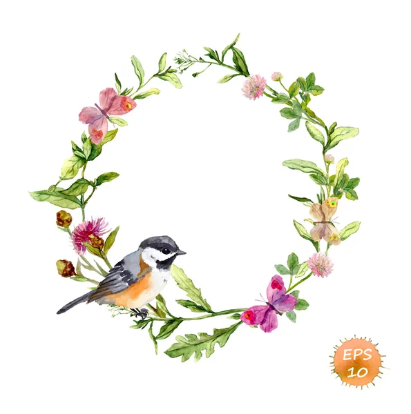 Corona con hierbas silvestres, flores, mariposas y aves. Vector acuarela — Vector de stock