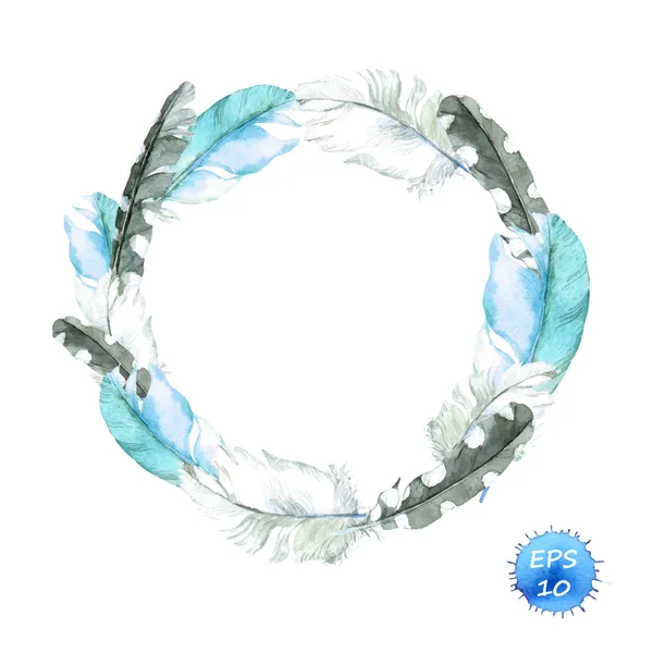 Feathers of blue bird. Wreath border. Watercolor vector for fashion — Stok Vektör