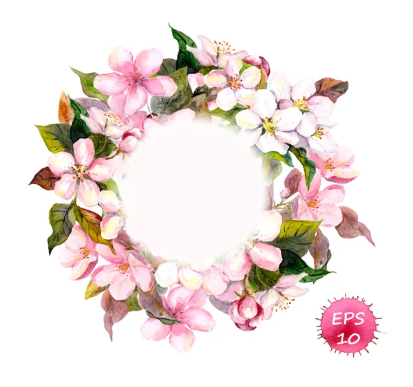 Corona marco con cereza, manzana, flores de almendras, sakura. Vector acuarela — Vector de stock