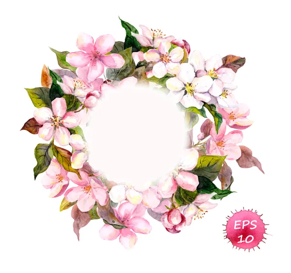 Frame wreath with cherry, apple, almond flowers, sakura. Watercolor vector — Stock Vector