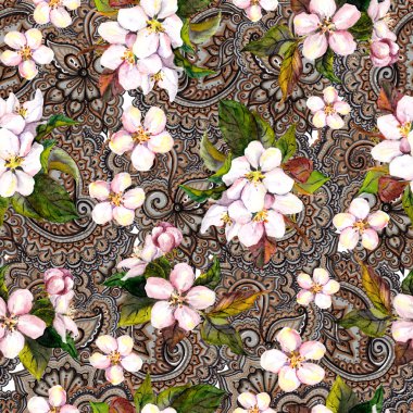 Sakura cherry, apple tree flowers on ornamental background. Floral seamless pattern. clipart