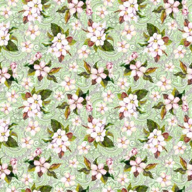 Beyaz ve pembe suluboya çiçek yeşil süslü etnik arka plan üzerinde çiçek açmış. Çiçek seamless modeli. Suluboya