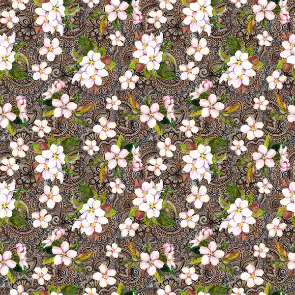 Patrón floral vintage sin costuras. Sakura cereza, flores de manzano sobre fondo ornamental retro. Acuarela —  Fotos de Stock