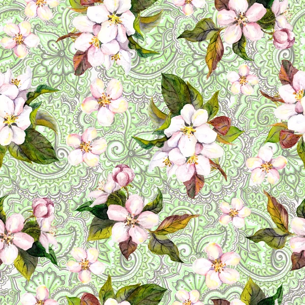 Spring green floral repeating pattern. Blossom flowers on eastern decorative background. Watercolor — Stock Photo, Image