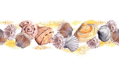 Kum deniz kabukları ile sorunsuz sınır şerit. Aquarelle çerçeve