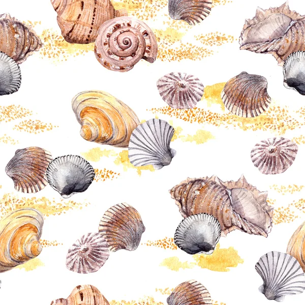 Sömlös seashell och sand mönster på vit bakgrund. Aquarelle — Stockfoto