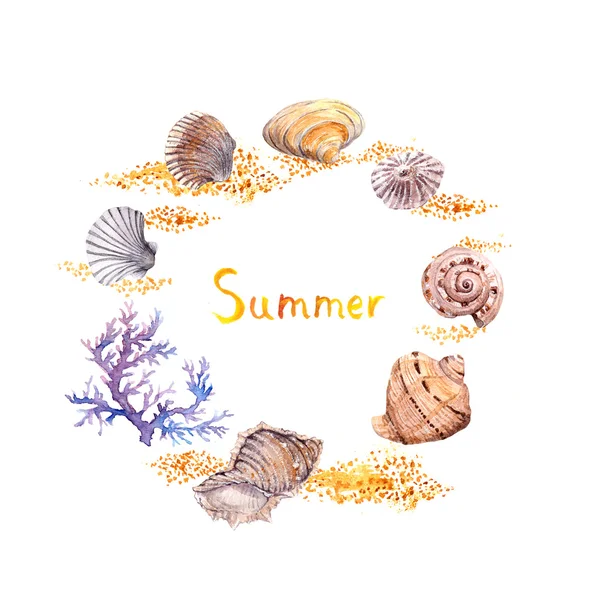 Θαλασσινό κοχύλι, κοράλλι, άμμο. Διακοπές κορνίζα θάλασσα - κύκλο πλαίσιο συνόρων. Ακουαρέλα — Φωτογραφία Αρχείου
