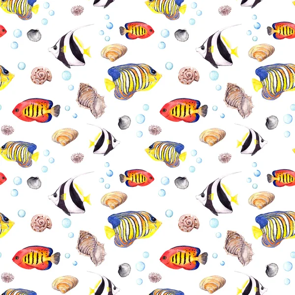 Peces exóticos y conchas marinas. Repetir el patrón sin costuras. Acuarela — Foto de Stock