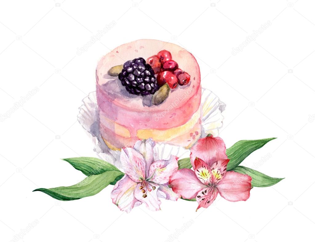 Cake with berries and pink flowers. Watercolor