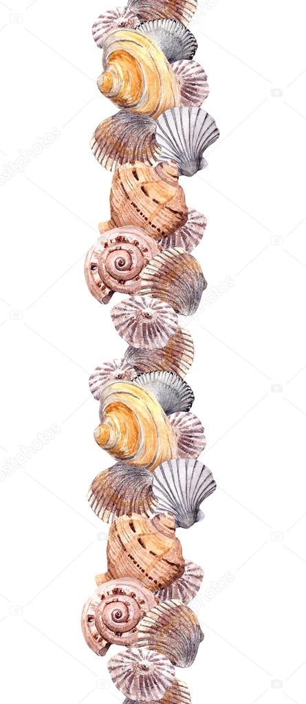 Seamless border stripe with seashells. Watercolour frame