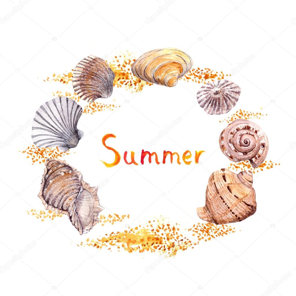 Sea shell, coral, sand. Summer beach wreath - circle border. Watercolor