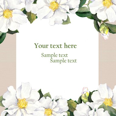 Floral greeting card with white flowers. Watercolor art clipart