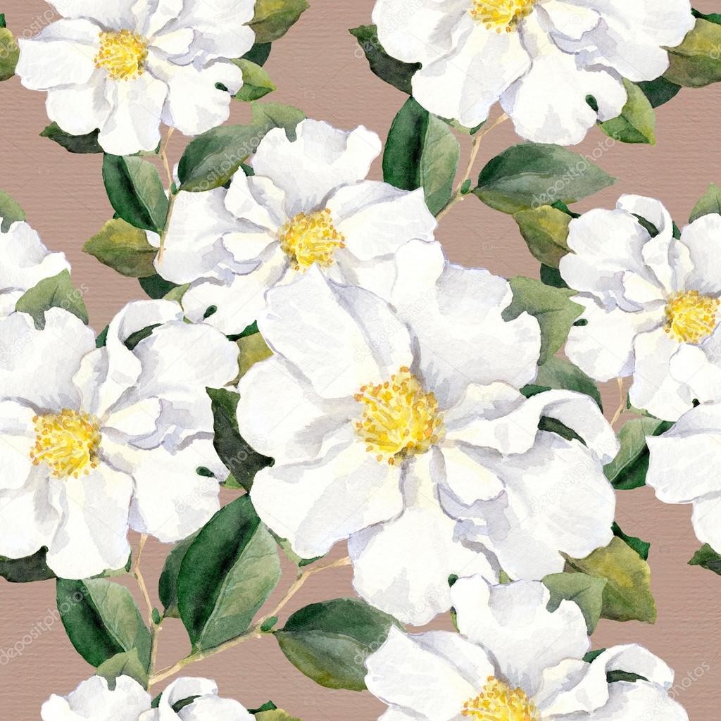 Seamless floral wallpaper with white flowers magnolia, peonies. Watercolour