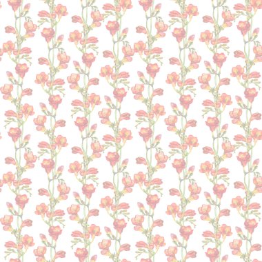 Solmuş çiçek tasarım - kırmızı Frezya çiçek ile pastel ışık tekrarlanan duvar kağıdı