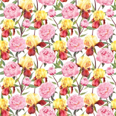 Peonies ve Iris çiçekler. Çiçek desenli yinelenen. Sulu Boya