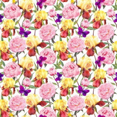 Çiçek desenli yinelenen. Peonies çiçekler, süsen ve kelebekler. Suluboya